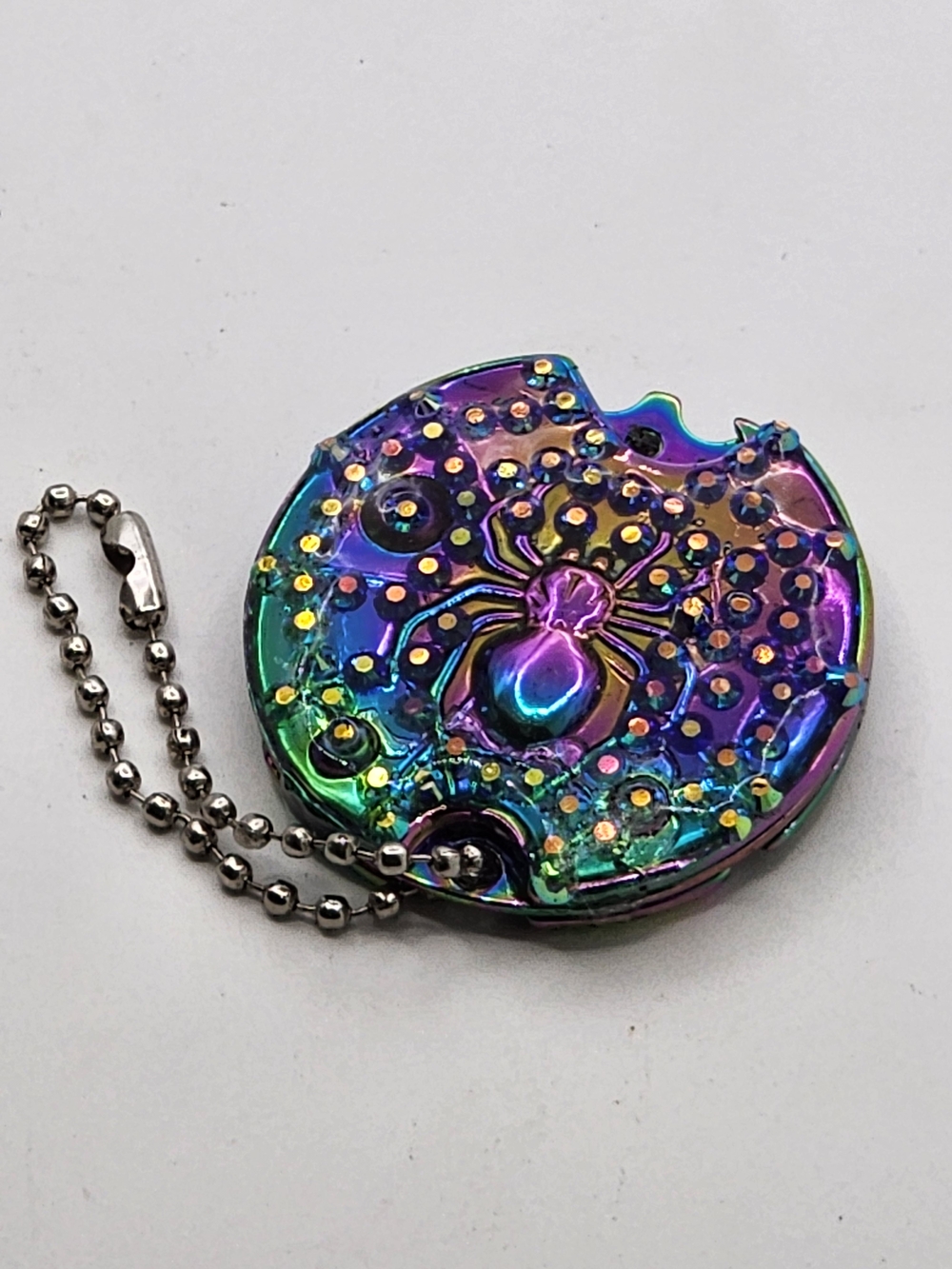 Iridescent Spider Disc Keychain Knife with Crystal Accents